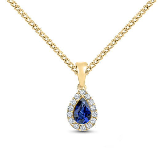 18ct Yellow Gold Pear Shaped Natural Sapphire and Round Diamond Microset Cluster Pendant — 6x4mm