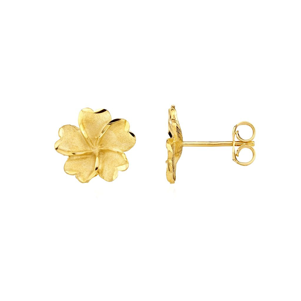 9ct Yellow Gold Satin and Polished Five Petal Flower Stud Earrings — 12mm