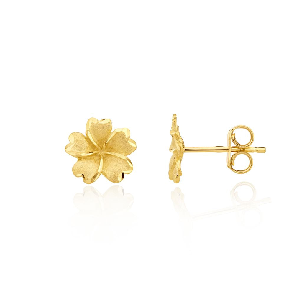 9ct Yellow Gold Satin and Polished Five Petal Flower Stud Earrings — 9mm