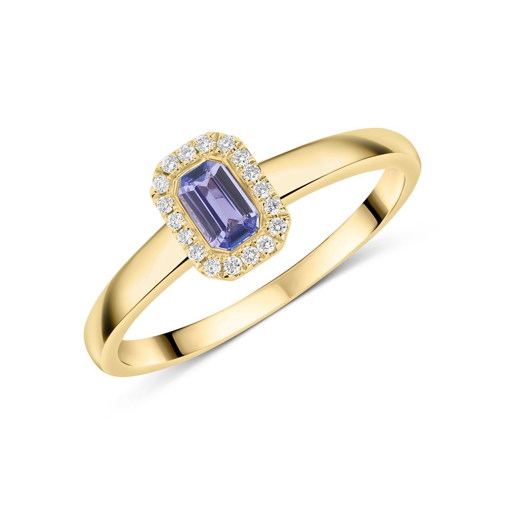 18ct Yellow Gold Emerald Cut Tanzanite and Diamond Microset Cluster Ring — 5x3mm