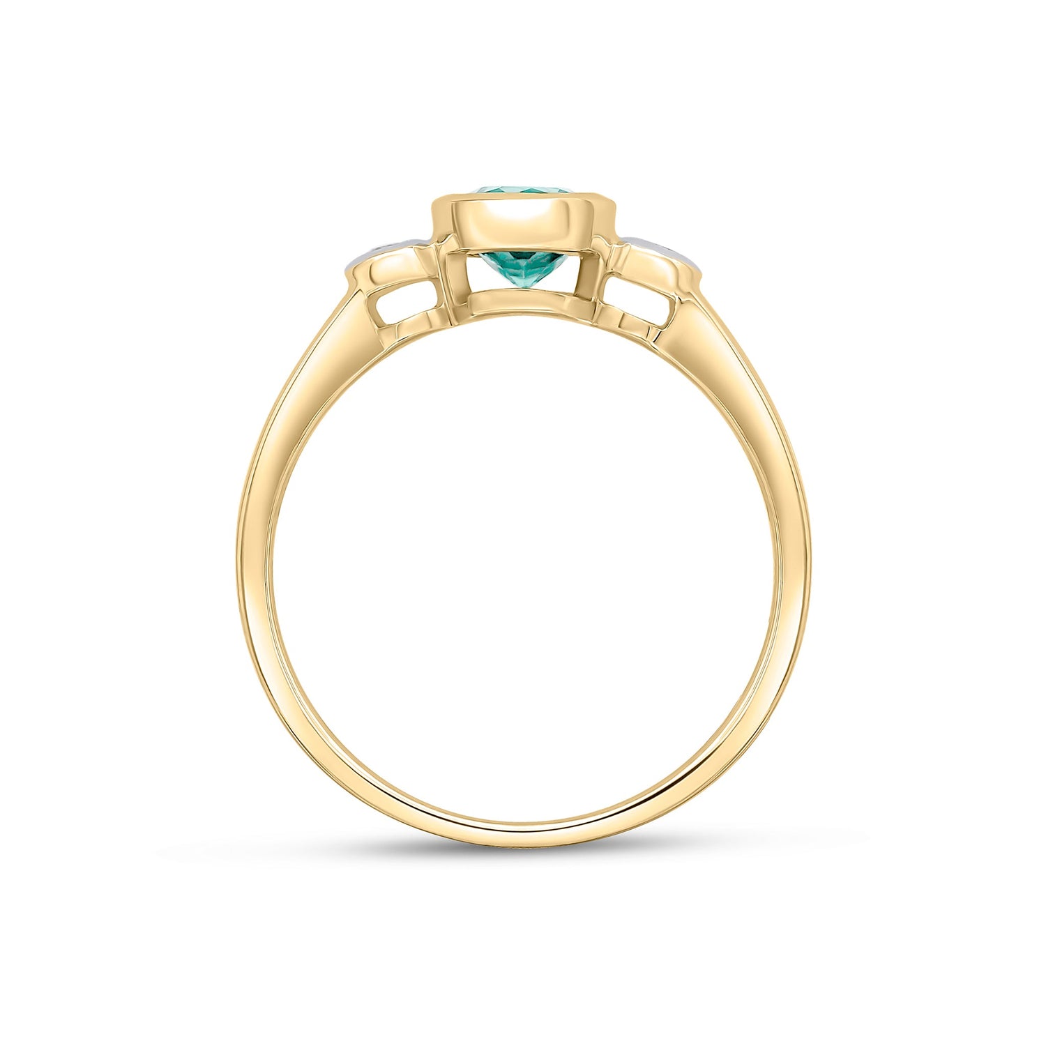 9ct Yellow Gold Round Green Tourmaline & Diamond Rubover Three Stone Ring — 5mm