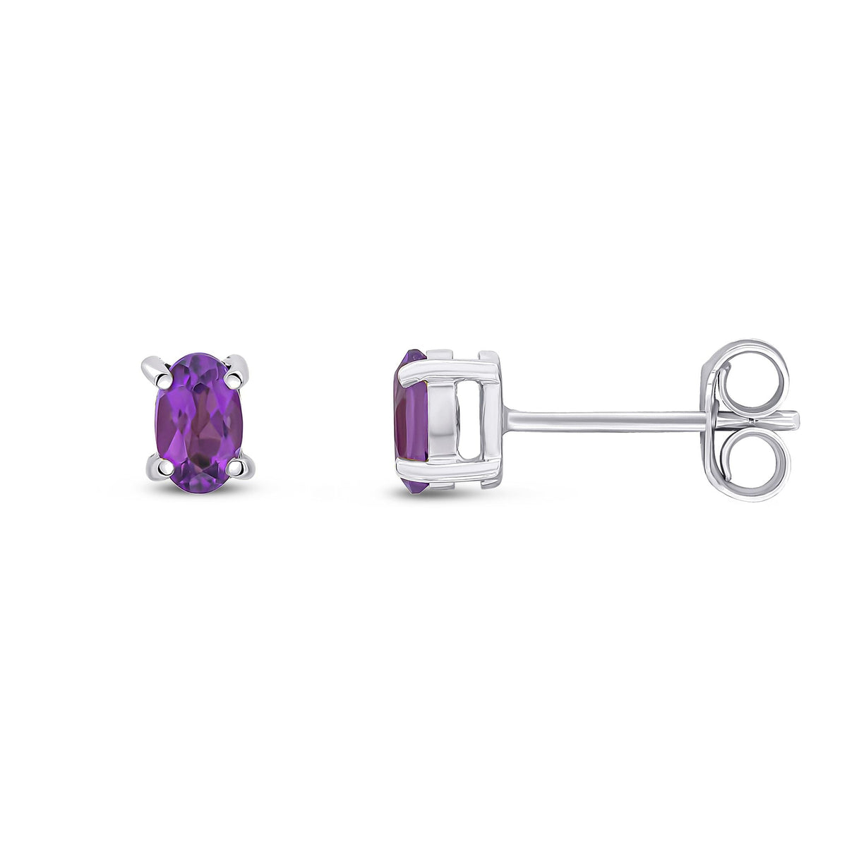 9ct White Gold Oval Natural Amethyst Claw Stud Earrings — 5x3mm