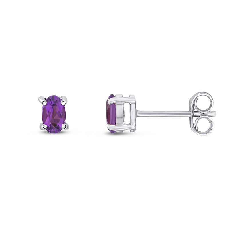 9ct White Gold Oval Natural Amethyst Claw Stud Earrings — 5x3mm