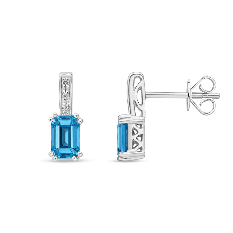 9ct White Gold Octagonal Natural Swiss Blue Topaz & Diamond Drop Earrings — 6x4mm