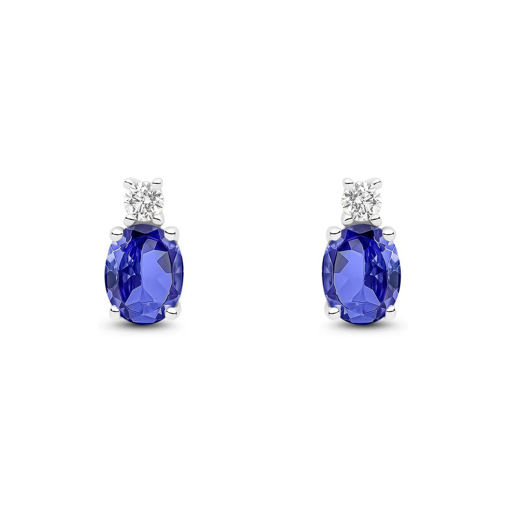 18ct White Gold Oval Natural Tanzanite and Round Diamond Two Stone Stud Earrings — 5x4mm