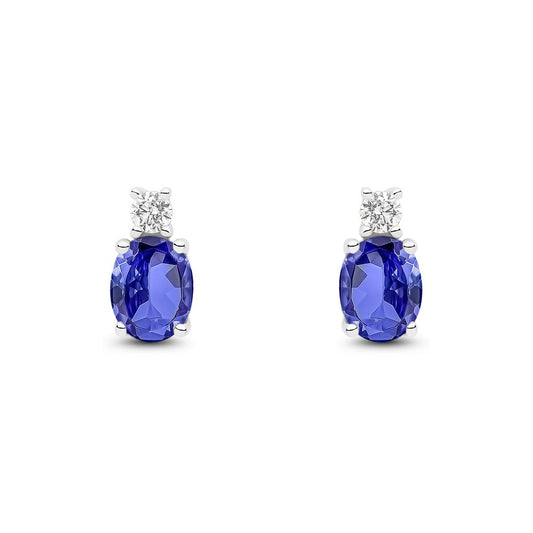 18ct White Gold Oval Natural Tanzanite and Round Diamond Two Stone Stud Earrings — 5x4mm