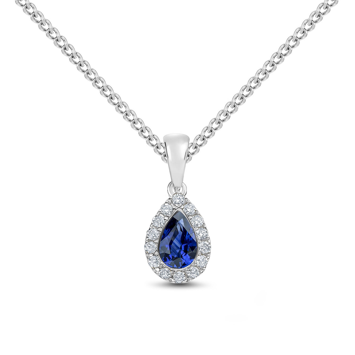 18ct White Gold Pear Shape Natural Sapphire and Round Diamond Microset Cluster Pendant — 6x4mm