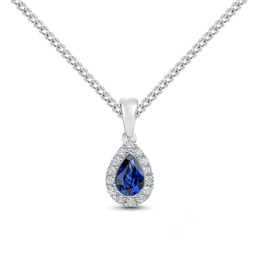18ct White Gold Pear Shape Natural Sapphire and Round Diamond Microset Cluster Pendant — 6x4mm