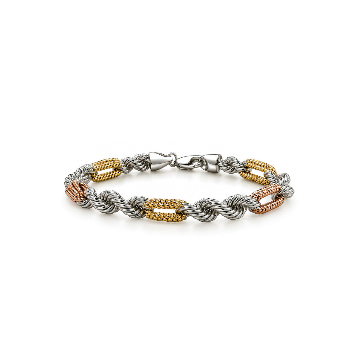 Rose and yellow gold plated sterling silver 6.5mm textured alternating link bracelet - front