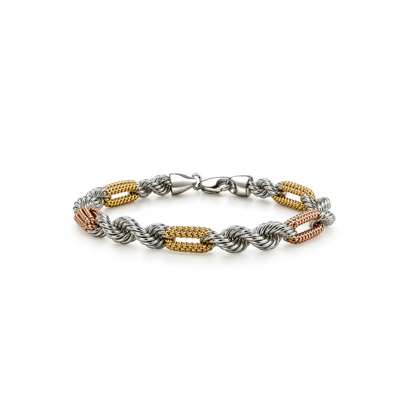 Rose and yellow gold plated sterling silver 6.5mm textured alternating link bracelet - front