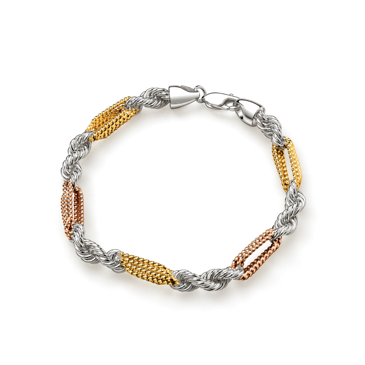 Rose and yellow gold plated sterling silver 6.5mm textured alternating link bracelet - top
