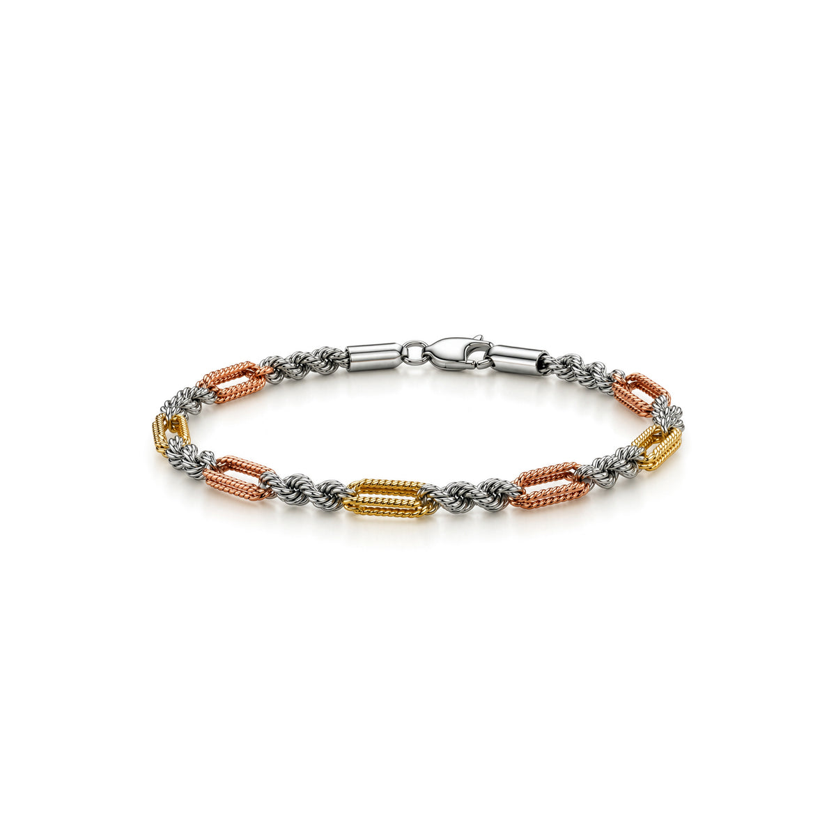 Rose & Yellow Gold-Plated Sterling Silver Three Tone Textured Link Bracelet
