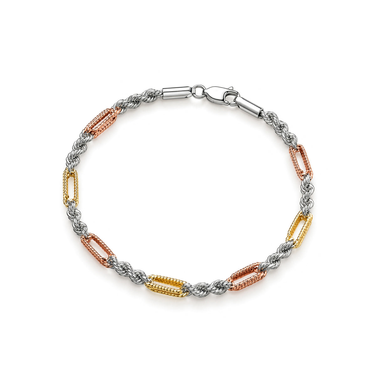 Rose & Yellow Gold-Plated Sterling Silver Three Tone Textured Link Bracelet
