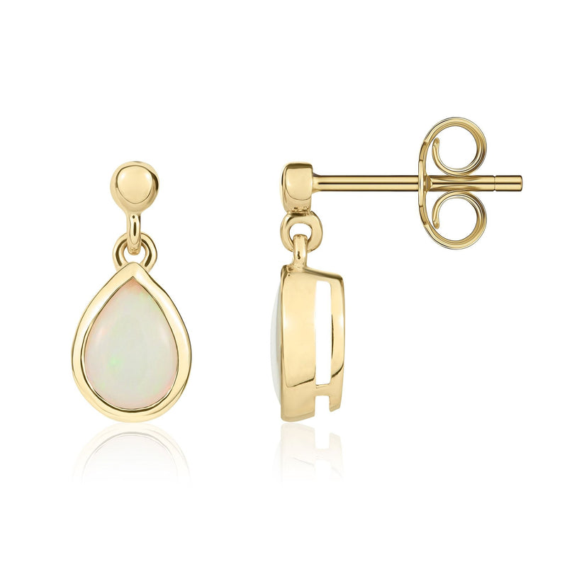 9ct Yellow Gold Pear Shaped Natural Opal Rubover Drop Earrings — 7x5mm