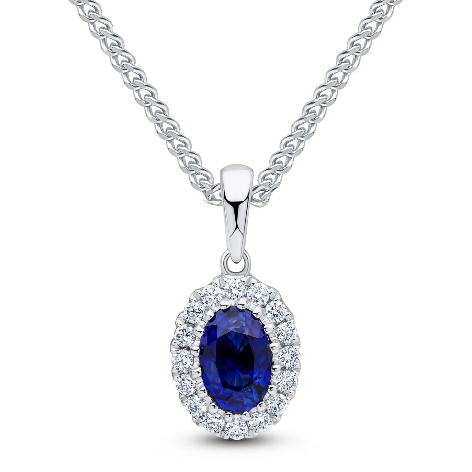 18ct White Gold Oval Natural Sapphire and Diamond Cluster Pendant — 6x4mm