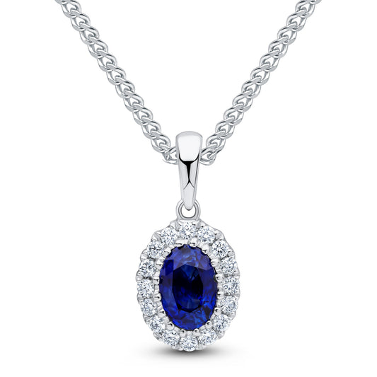 18ct White Gold Oval Natural Sapphire and Diamond Cluster Pendant — 6x4mm