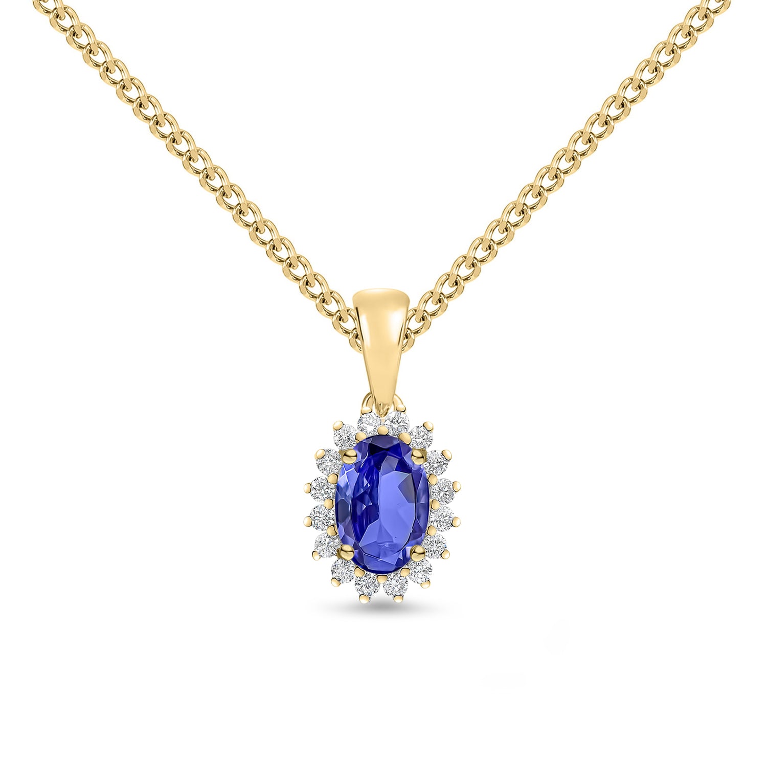 18ct Yellow Gold Oval Natural Tanzanite and Round Diamond Claw Set Cluster Pendant — 6x4mm