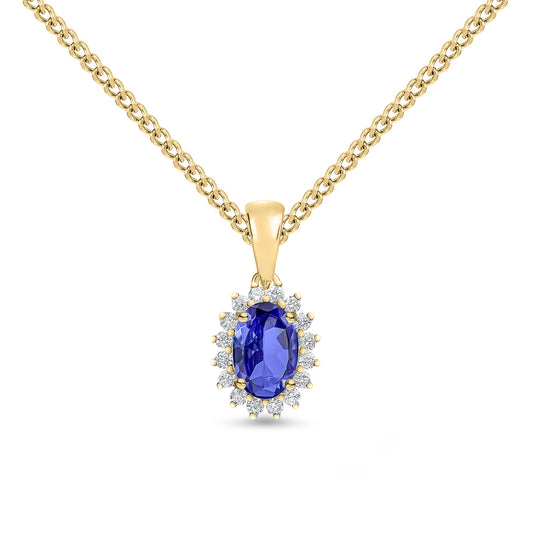 18ct Yellow Gold Oval Natural Tanzanite and Round Diamond Claw Set Cluster Pendant — 6x4mm
