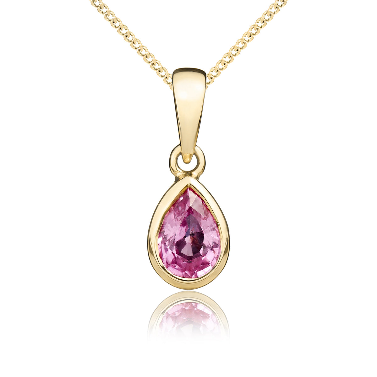 9ct Yellow Gold Pear Shaped Natural Pink Sapphire Rubover Pendant — 6x4mm