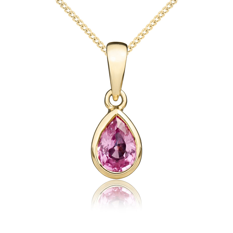 9ct Yellow Gold Pear Shaped Natural Pink Sapphire Rubover Pendant — 6x4mm