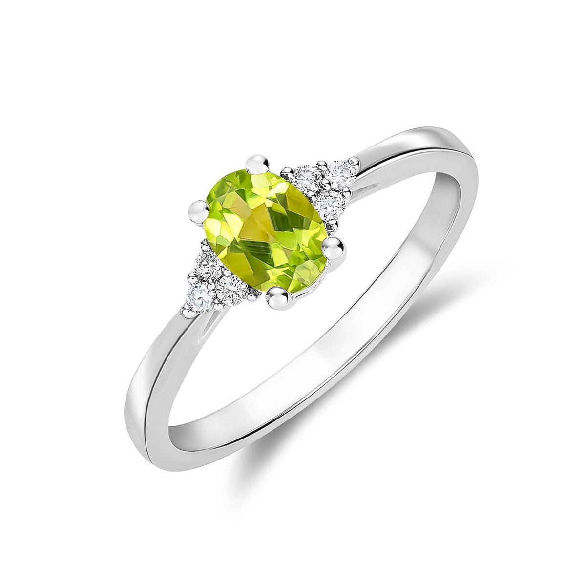 9ct White Gold Oval Natural Peridot and Diamond Trefoil Ring — 7x5mm