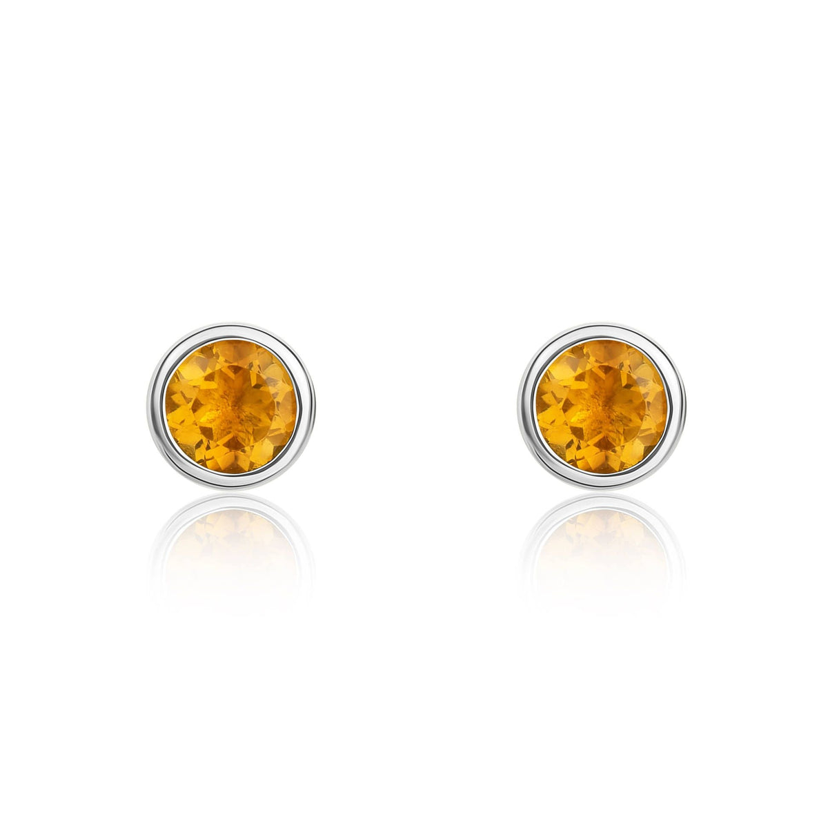 9ct White Gold Round Natural Citrine Rubover Stud Earrings — 3mm