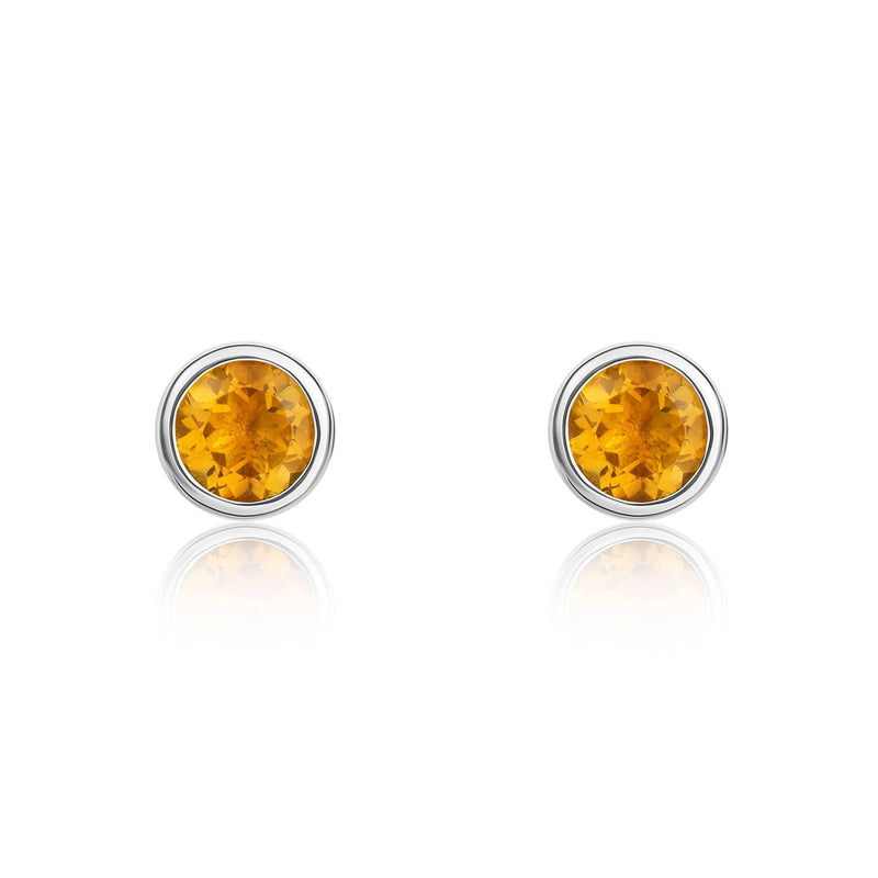 9ct White Gold Round Natural Citrine Rubover Stud Earrings — 3mm