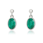 9ct White Gold Oval Natural Emerald Rubover Drop Earrings — 6x4mm