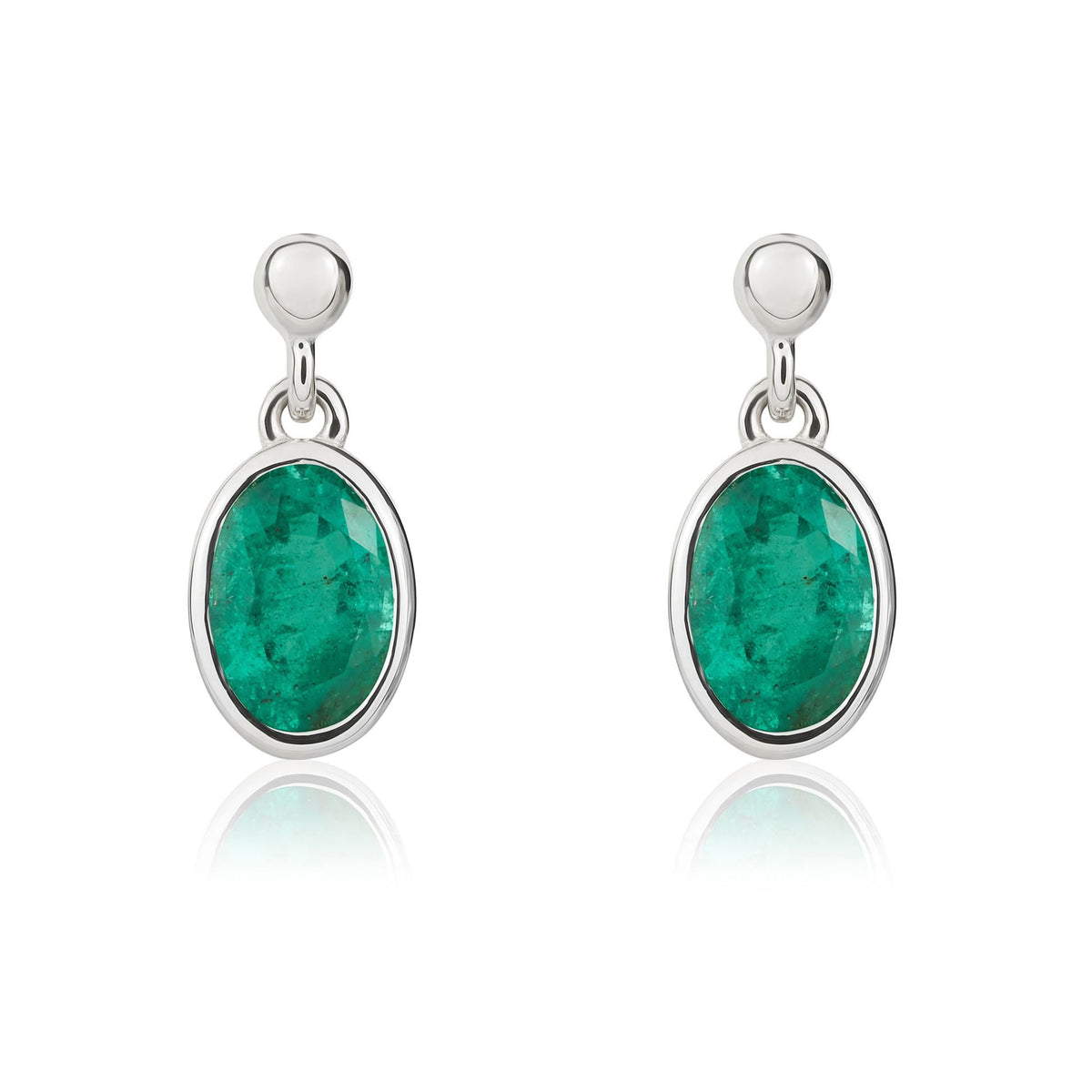 9ct White Gold Oval Natural Emerald Rubover Drop Earrings — 6x4mm