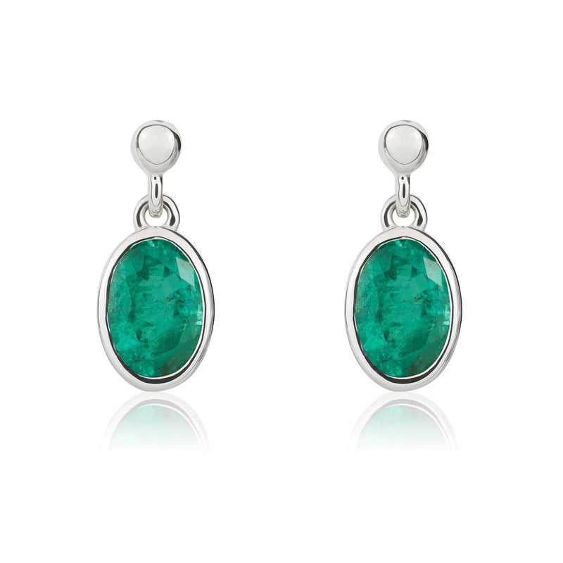 9ct White Gold Oval Natural Emerald Rubover Drop Earrings — 6x4mm