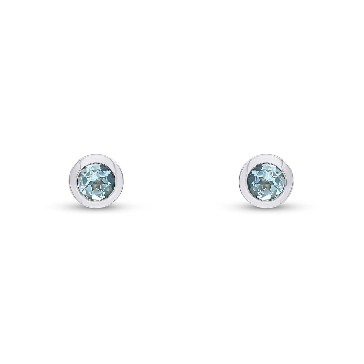 9ct White Gold Round Natural Aquamarine Rubover Stud Earrings — 3mm
