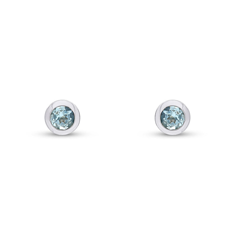 9ct White Gold Round Natural Aquamarine Rubover Stud Earrings — 3mm