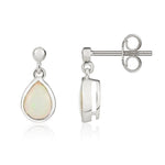 9ct White Gold Pear Shaped Natural Opal Rubover Drop Earrings — 7x5mm