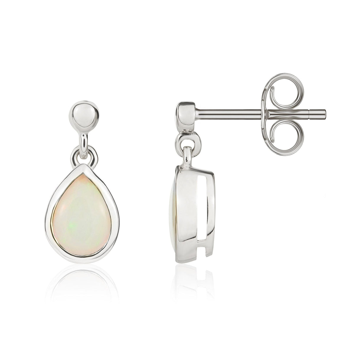 9ct White Gold Pear Shaped Natural Opal Rubover Drop Earrings — 7x5mm