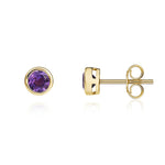9ct Yellow Gold Round Natural Amethyst Rubover Stud Earrings — 4mm