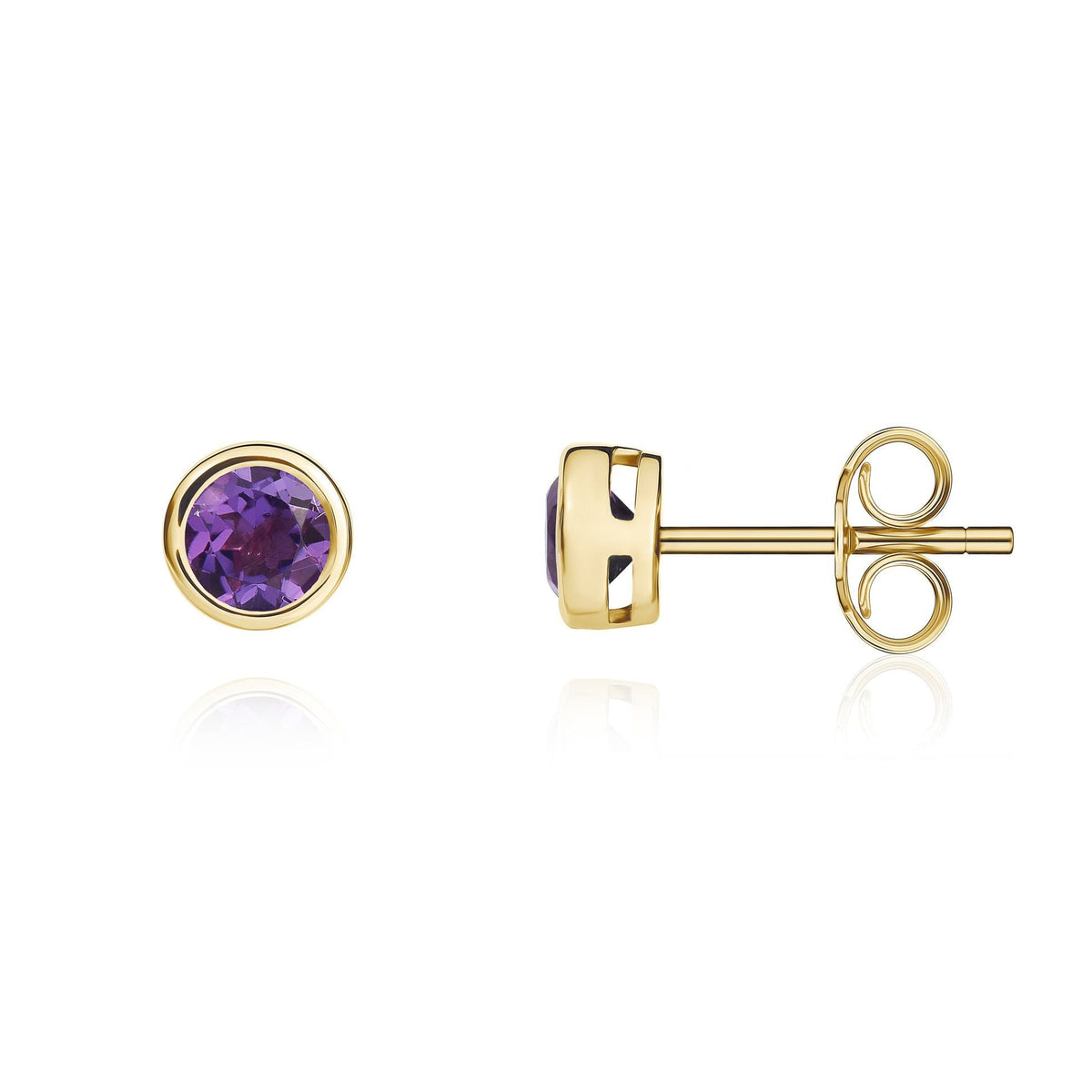 9ct Yellow Gold Round Natural Amethyst Rubover Stud Earrings — 4mm