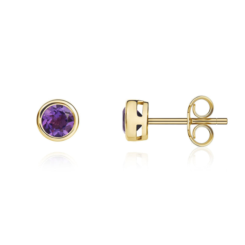 9ct Yellow Gold Round Natural Amethyst Rubover Stud Earrings — 4mm