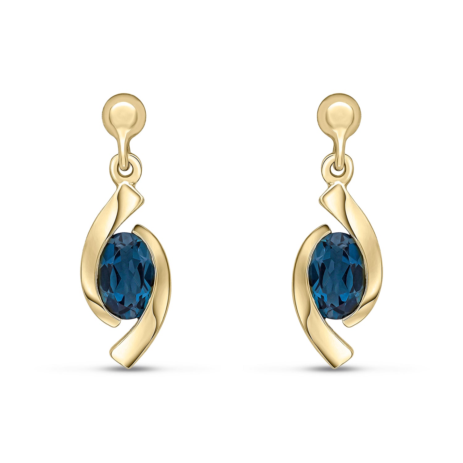9ct Yellow Gold Oval Natural London Blue Topaz 'Eye' Drop Earrings — 6x4mm