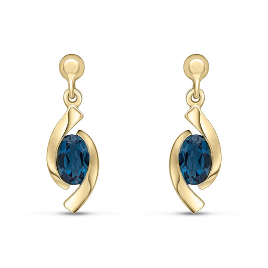 9ct Yellow Gold Oval Natural London Blue Topaz 'Eye' Drop Earrings — 6x4mm