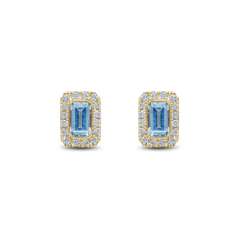 18ct Yellow Gold Octagonal Emerald Cut Natural Aquamarine and Diamond Cluster Earrings — 5x3mm