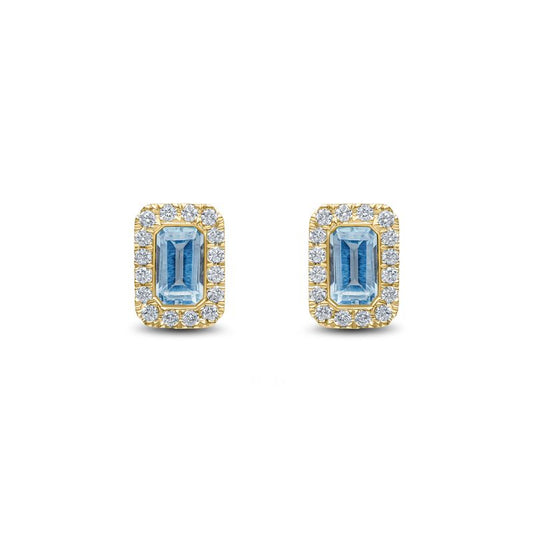 18ct Yellow Gold Octagonal Emerald Cut Natural Aquamarine and Diamond Cluster Earrings — 5x3mm