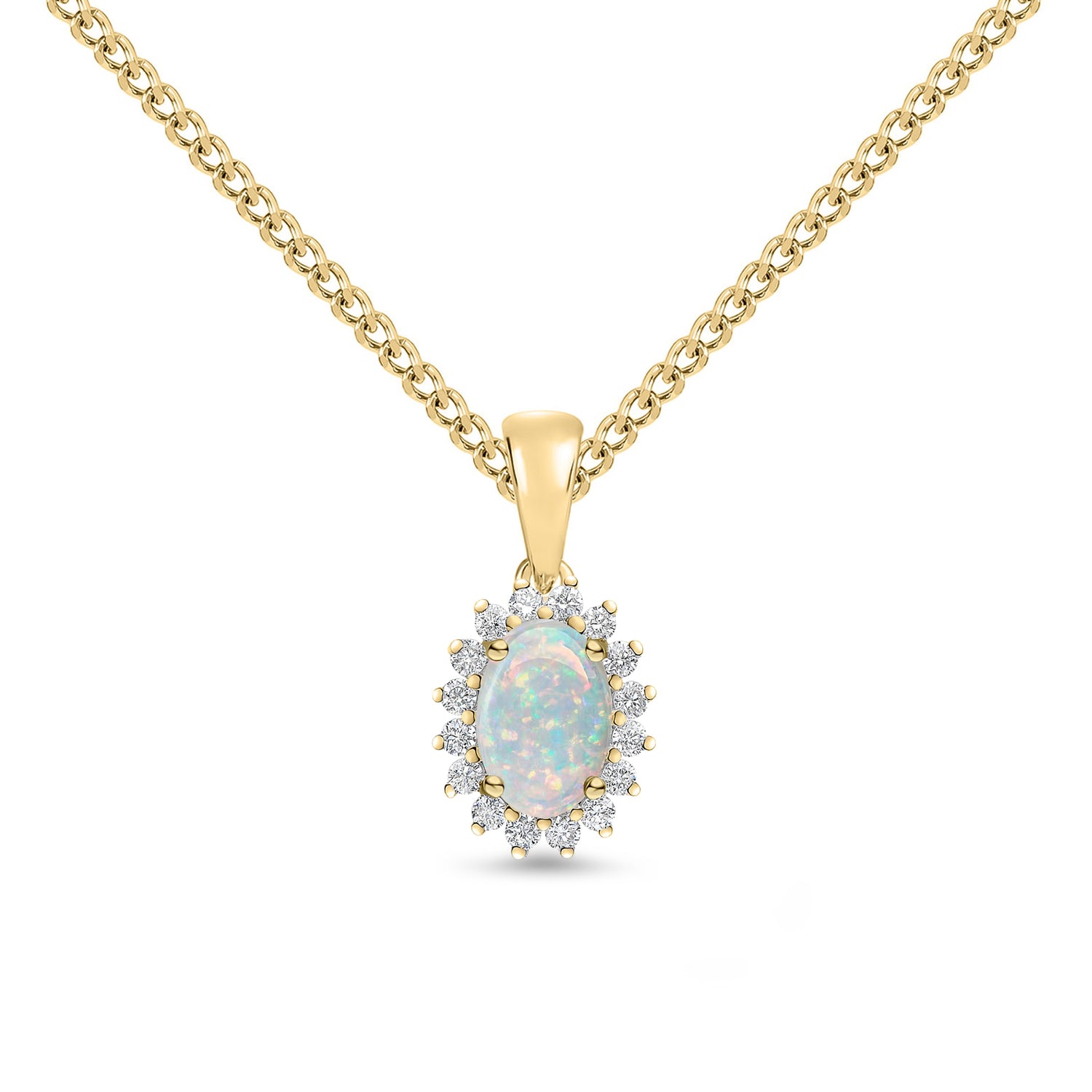 18ct Yellow Gold Oval Natural Opal and Round Diamond Claw Set Cluster Pendant — 6x4mm