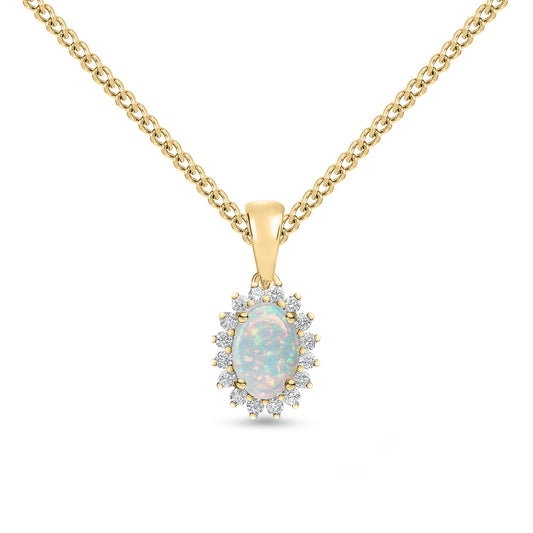 18ct Yellow Gold Oval Natural Opal and Round Diamond Claw Set Cluster Pendant — 6x4mm