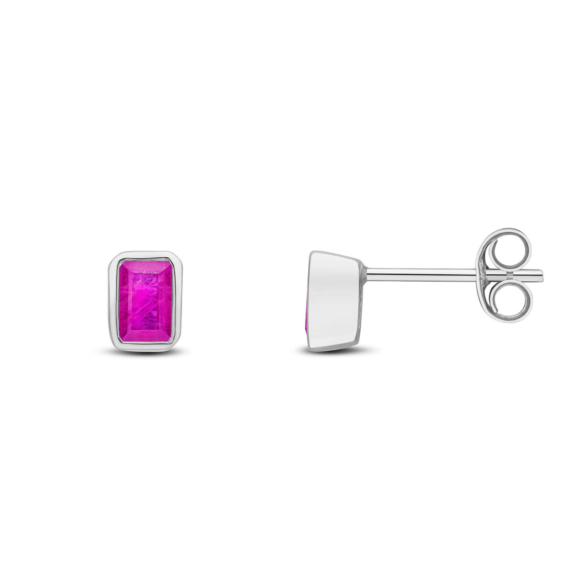 9ct White Gold Octagonal Emerald Cut Natural Ruby Rubover Stud Earrings — 5x3mm
