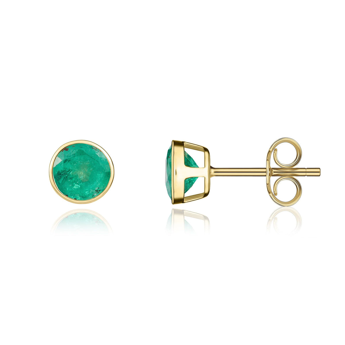 9ct Yellow Gold Round Natural Emerald Rubover Stud Earrings — 5mm