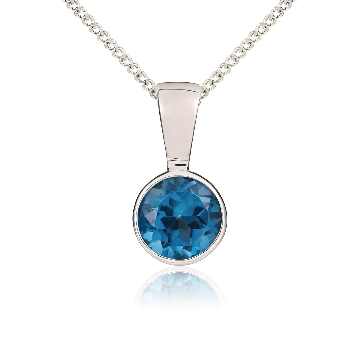 9ct White Gold Round Natural London Blue Topaz Rubover Pendant — 5mm