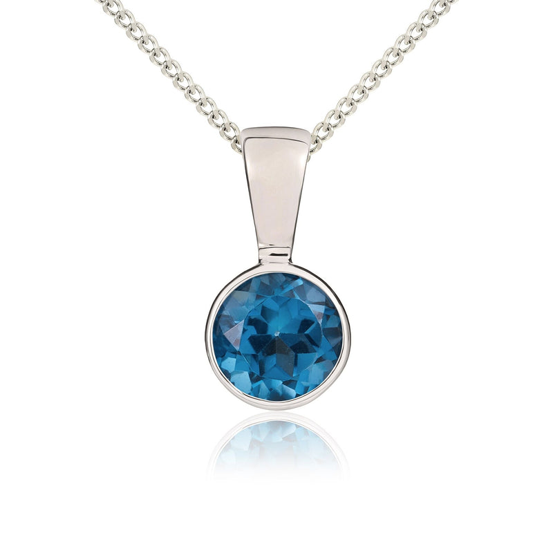 9ct White Gold Round Natural London Blue Topaz Rubover Pendant — 5mm