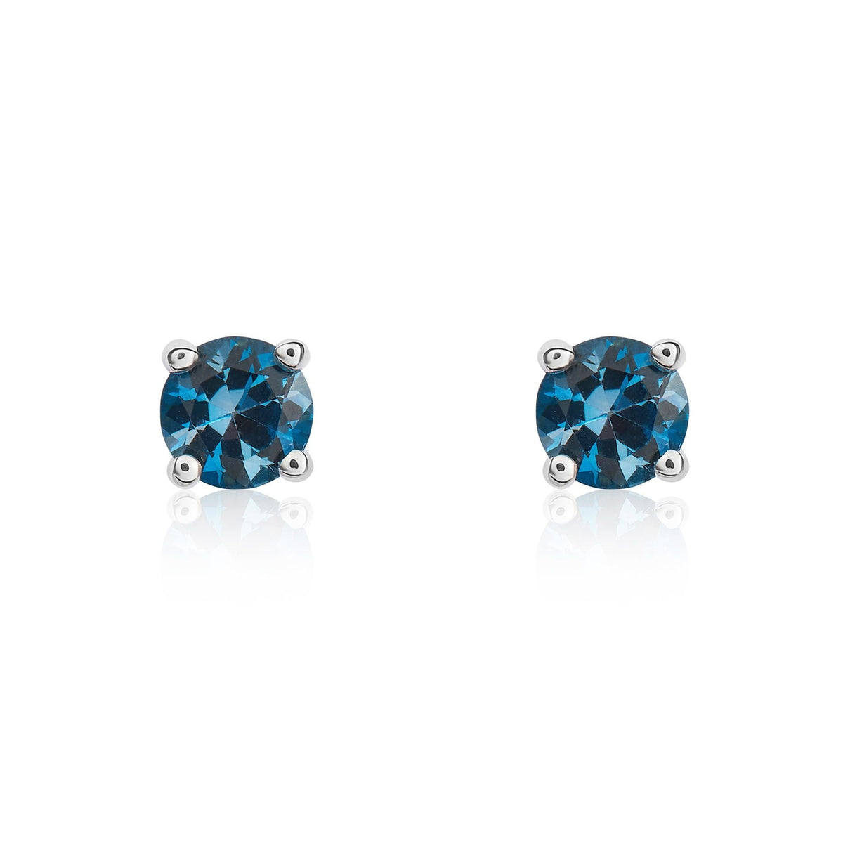 9ct White Gold Round Natural London Blue Topaz Claw Stud Earrings — 4mm