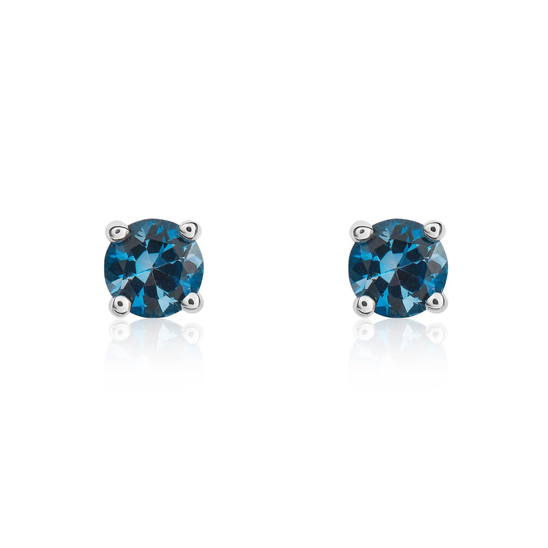 9ct White Gold Round Natural London Blue Topaz Claw Stud Earrings — 4mm