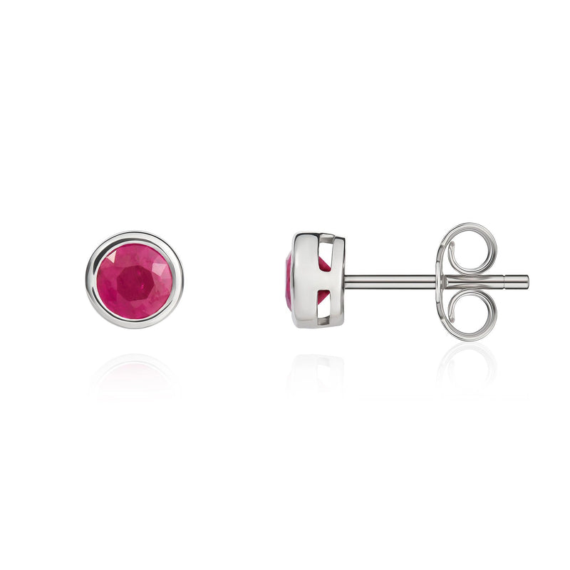 9ct White Gold Round Natural Ruby Rubover Stud Earrings — 4mm